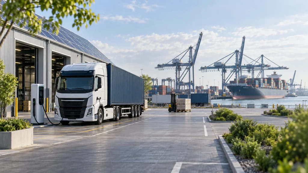 Green logistics dengan truk listrik, gudang bertenaga surya, dan pelabuhan kontainer