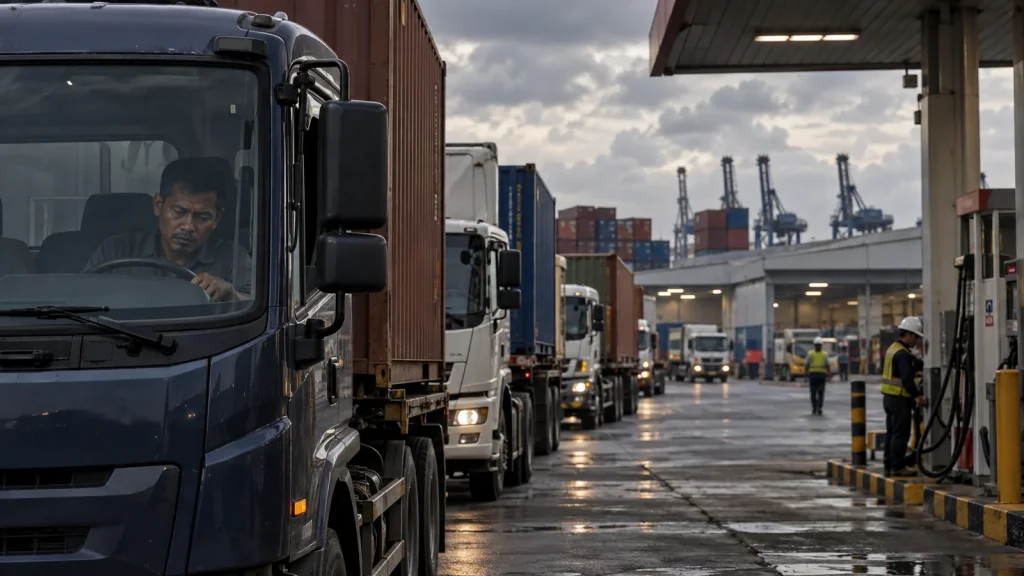 Antrean truk logistik di stasiun pengisian bahan bakar kawasan industri