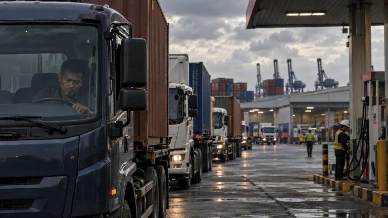 Antrean truk logistik di stasiun pengisian bahan bakar kawasan industri