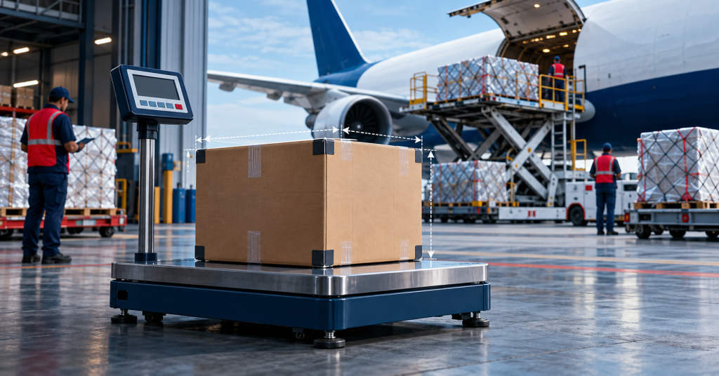 Perhitungan chargeable weight air freight dengan kotak kargo di atas timbangan