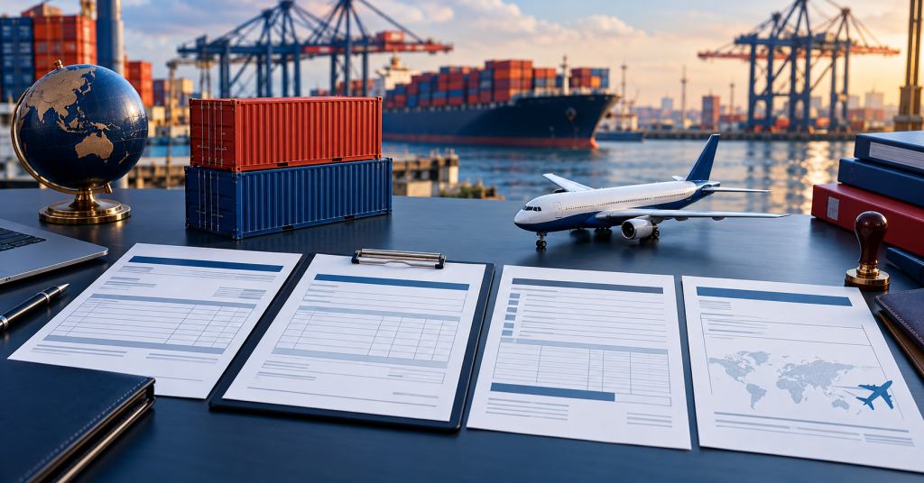 Dokumen commercial invoice, packing list, bill of lading, dan AWB untuk pengiriman internasional